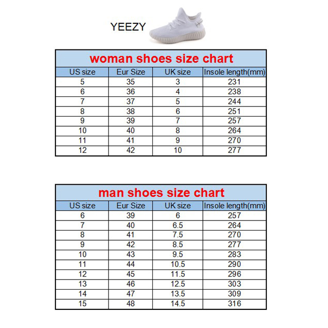 Yeezy shoes size chart